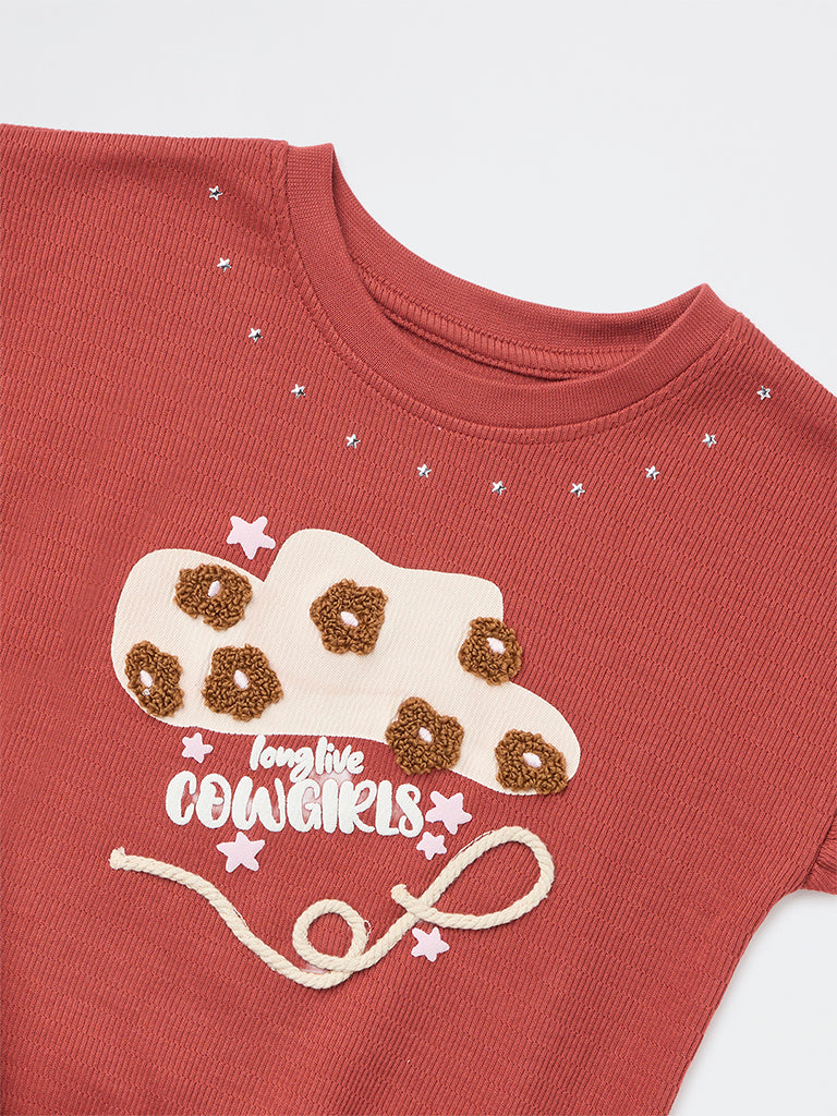 HOP Kids Girls Red Embroidered Cotton Top