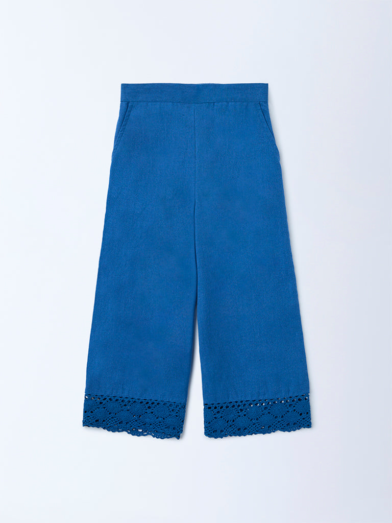 Utsa Kids Girls Indigo Lace Detailed Mid-Rise Cotton-Blend Pants - (2-8 yrs)