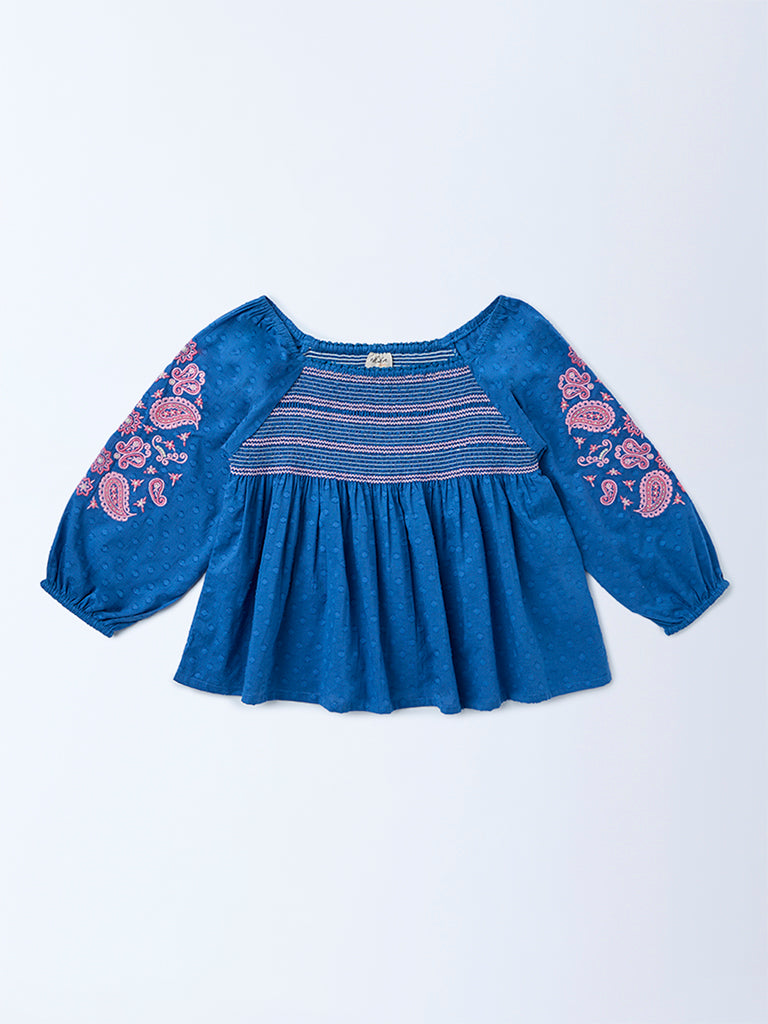 Utsa Kids Girls Indigo Embroidered Cotton-Blend Top