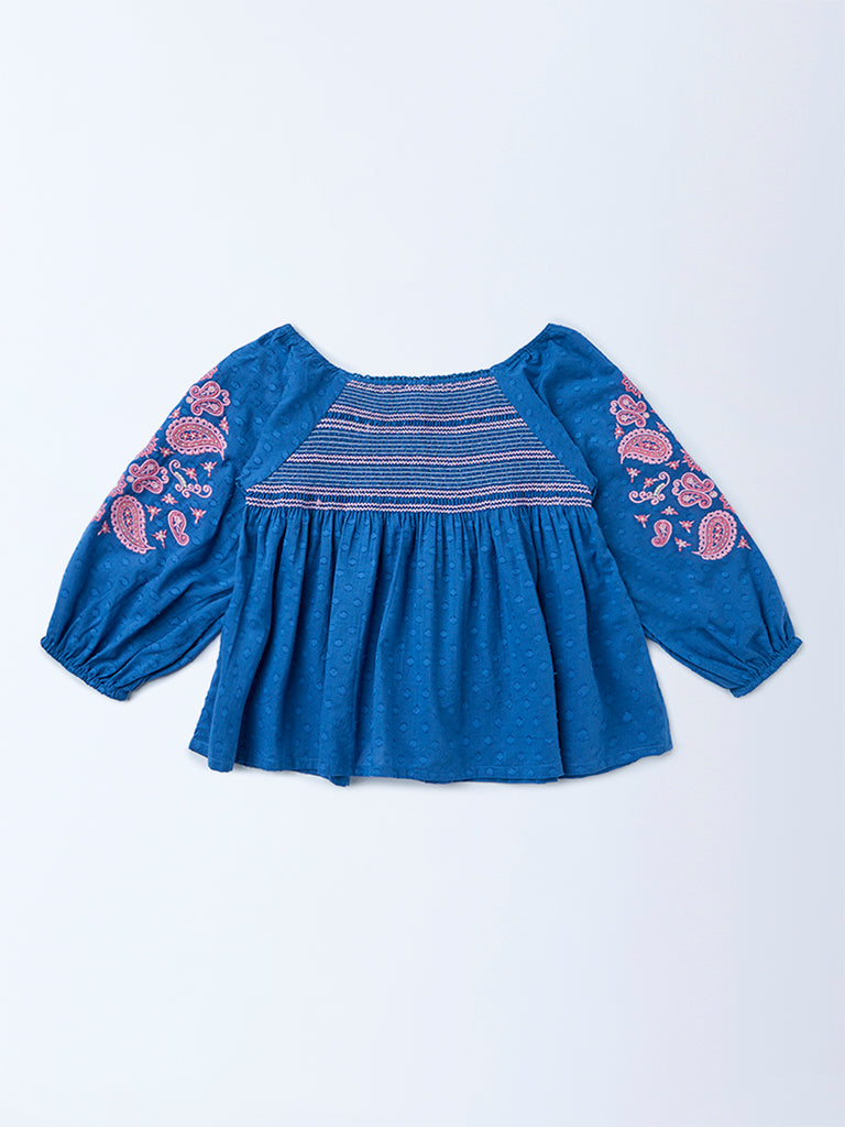 Utsa Kids Girls Indigo Embroidered Cotton-Blend Top