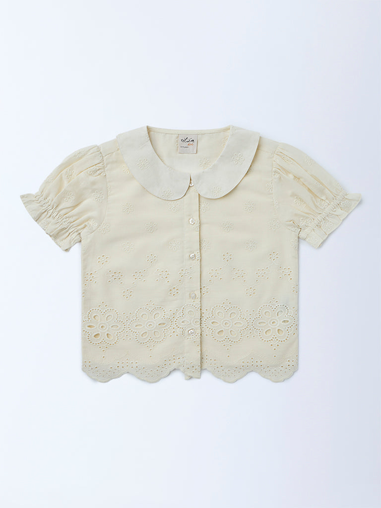 Utsa Kids Girls Off-White Embroidered Cotton Top