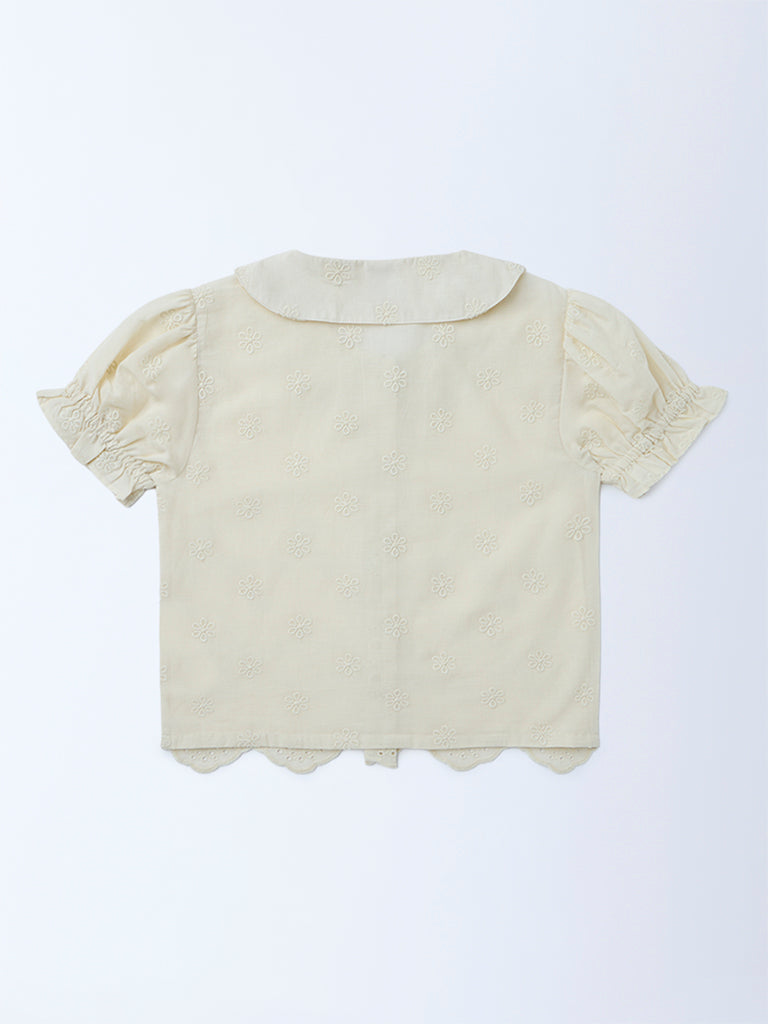 Utsa Kids Girls Off-White Embroidered Cotton Top