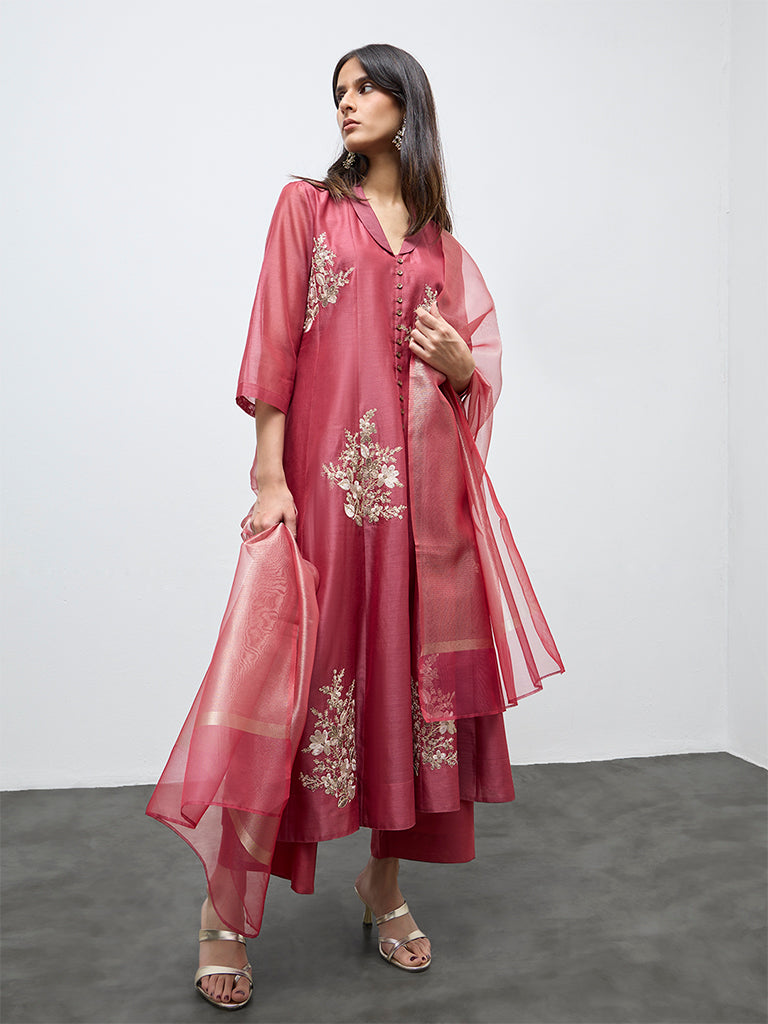 Vark Red Floral Embroidered Anarkali Cotton-Blend Ethnic Set