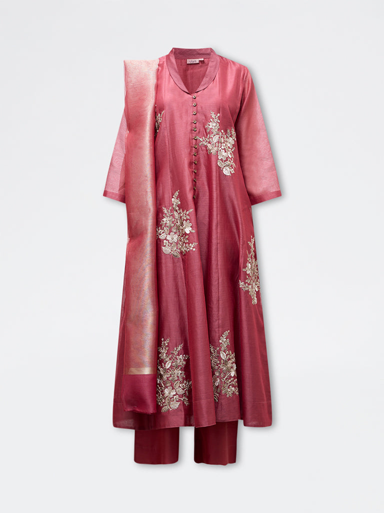 Vark Red Floral Embroidered Anarkali Cotton-Blend Ethnic Set