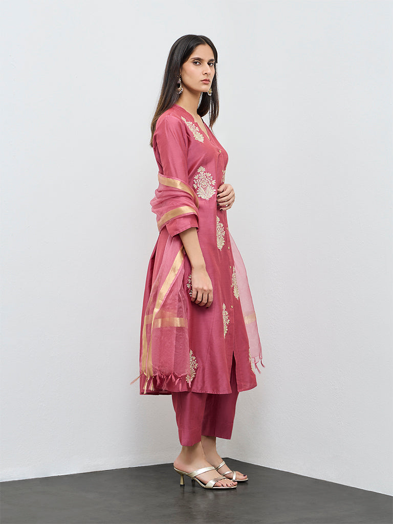 Vark Dusty Pink Embroidered A-Line Ethnic Set