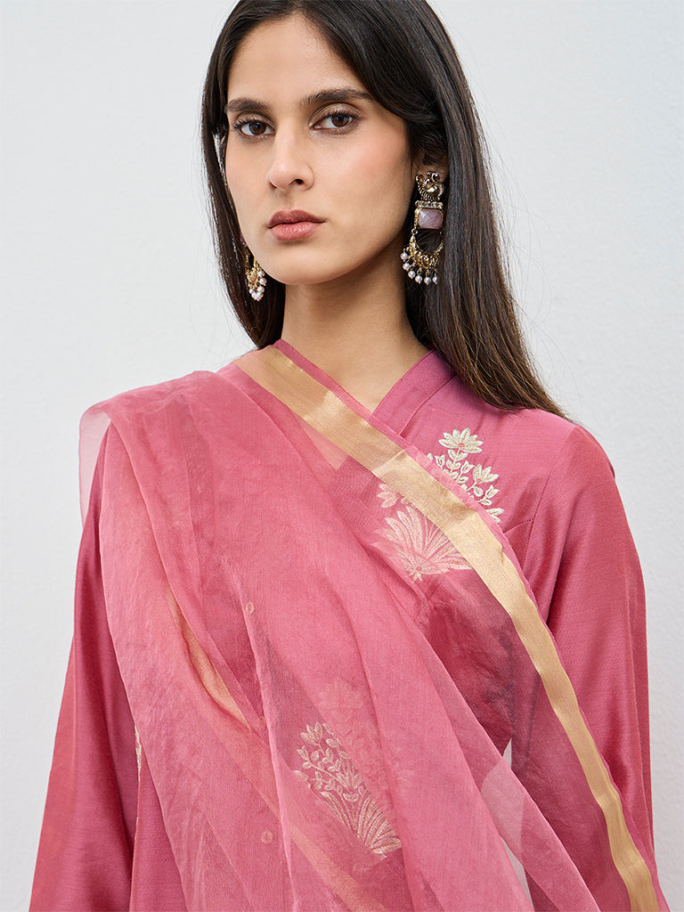 Vark Dusty Pink Embroidered A-Line Ethnic Set