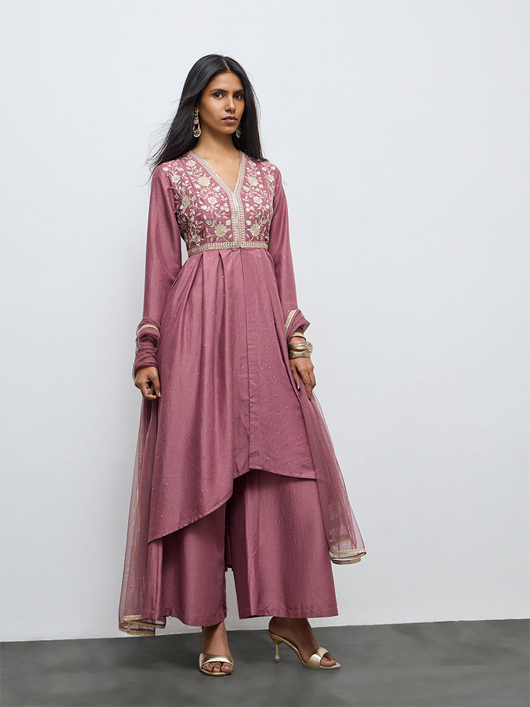 Vark Dusty Mauve Floral Embroidered High-Low Ethnic Set