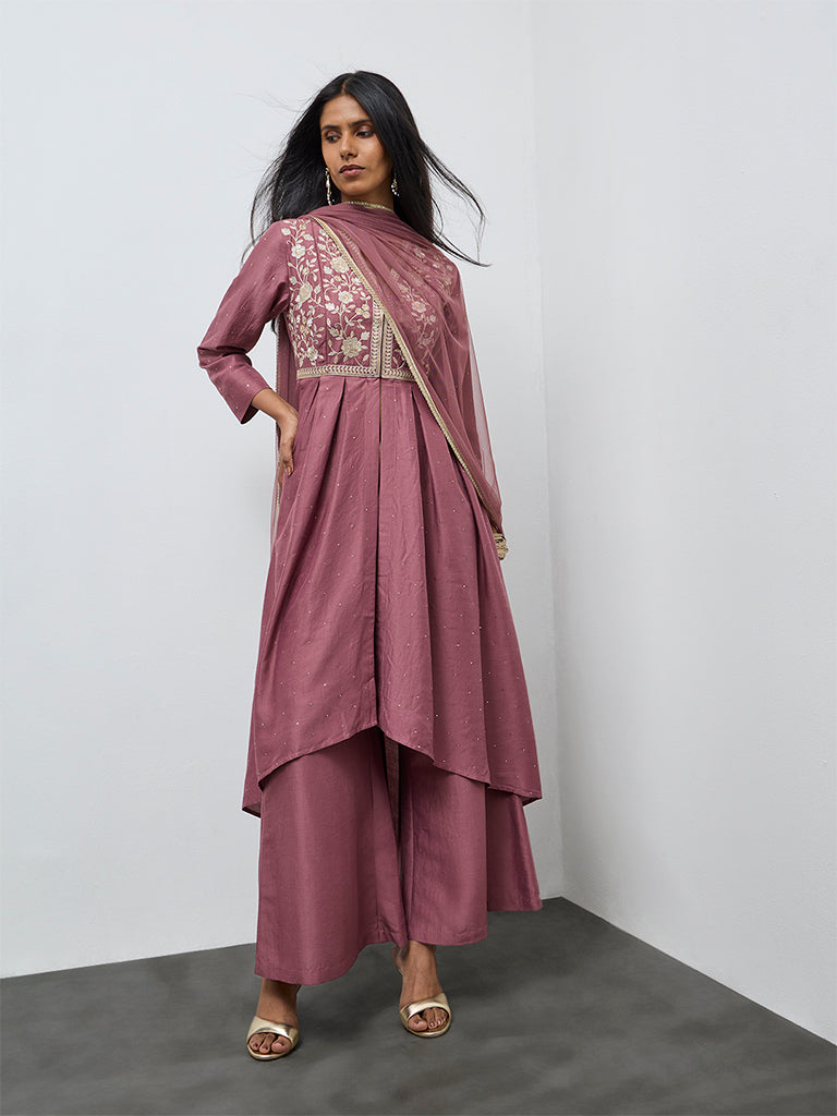 Vark Dusty Mauve Floral Embroidered High-Low Ethnic Set