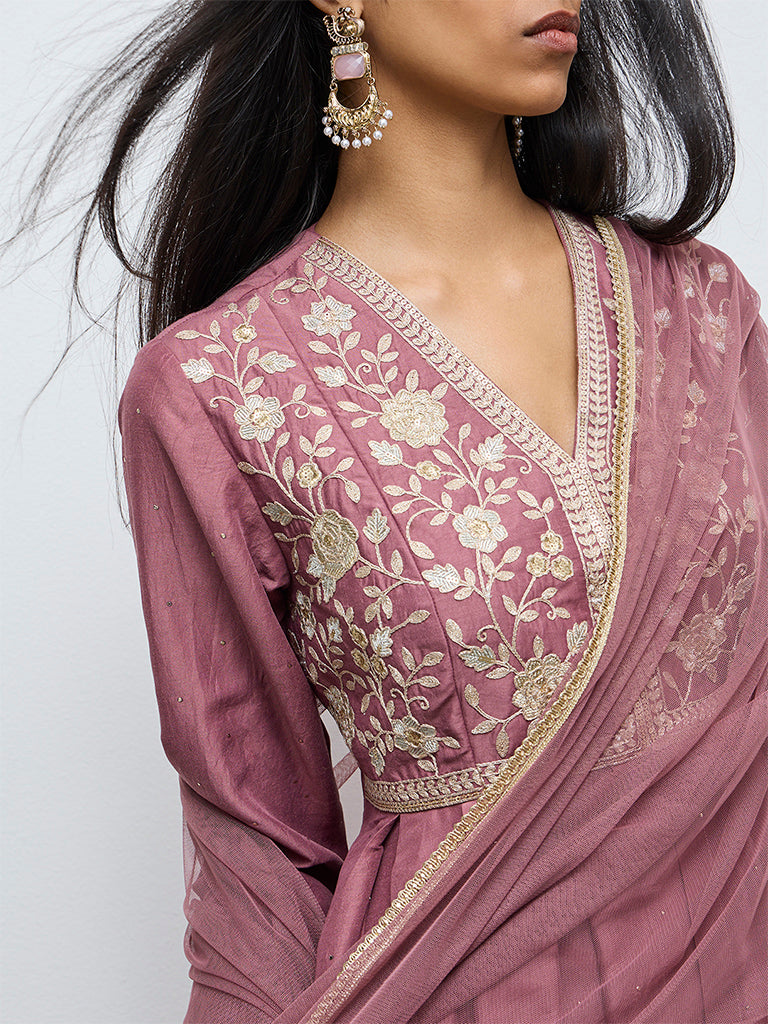 Vark Dusty Mauve Floral Embroidered High-Low Ethnic Set