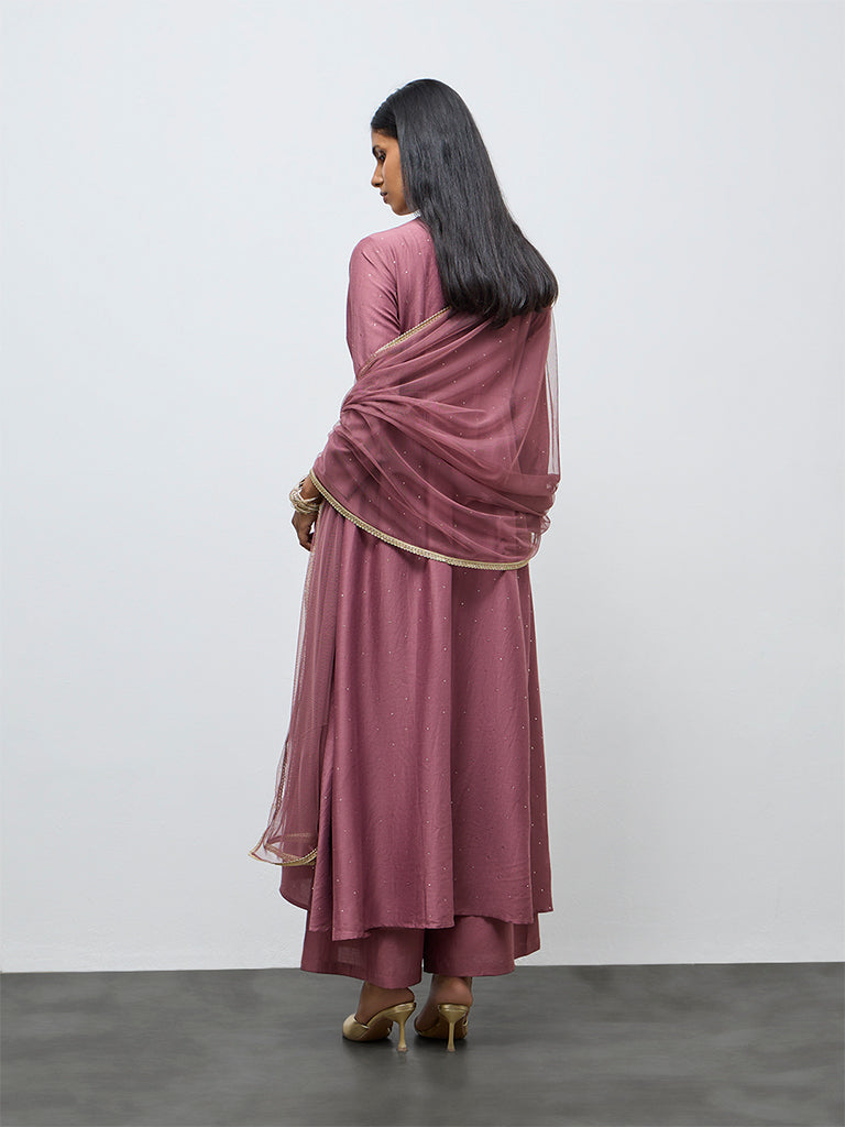 Vark Dusty Mauve Floral Embroidered High-Low Ethnic Set