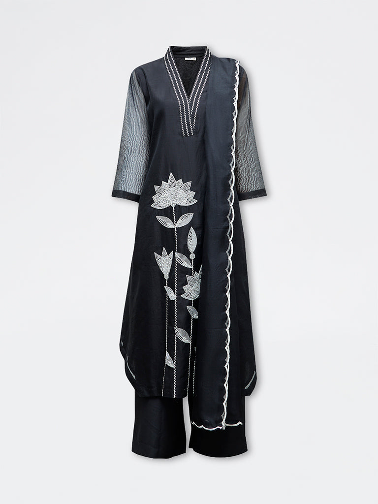 Vark Black Floral Embroidered A-Line Ethnic Set