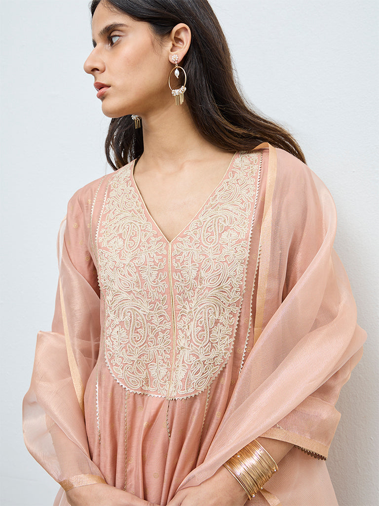 Vark Peach Floral Embroidered A-Line Ethnic Set