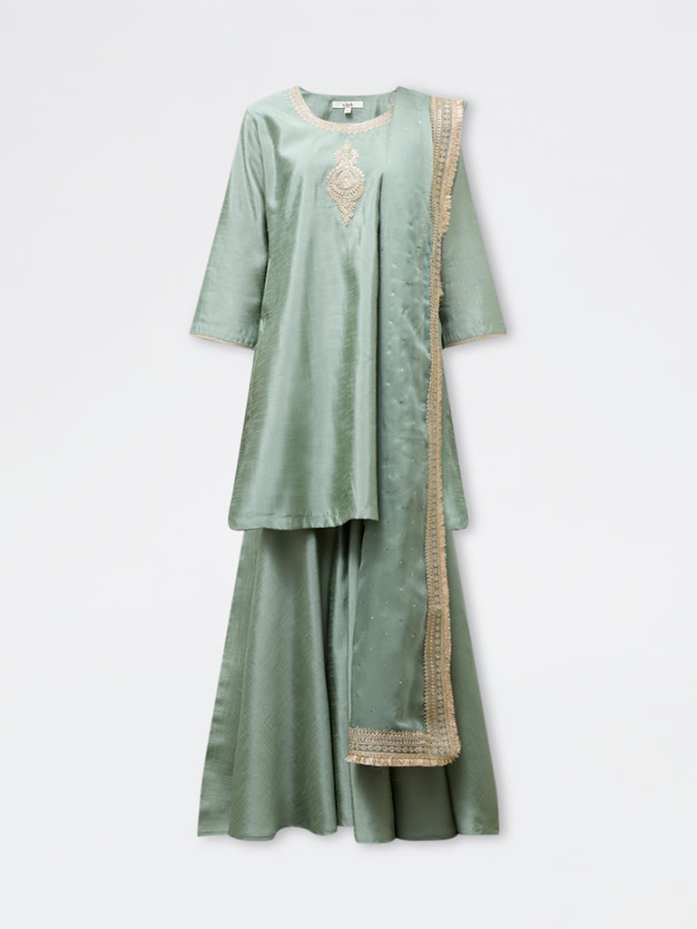 Vark Mint Embroidered A-Line Ethnic Set