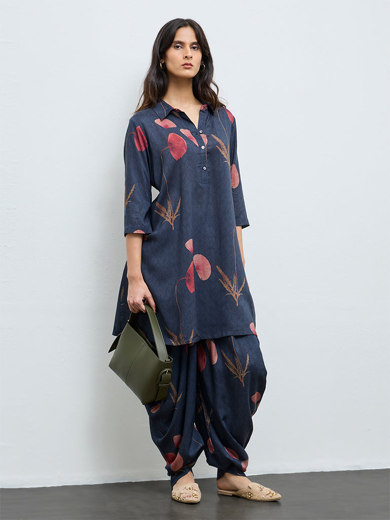 Zuba Navy Botanical Printed A-Line Kurta