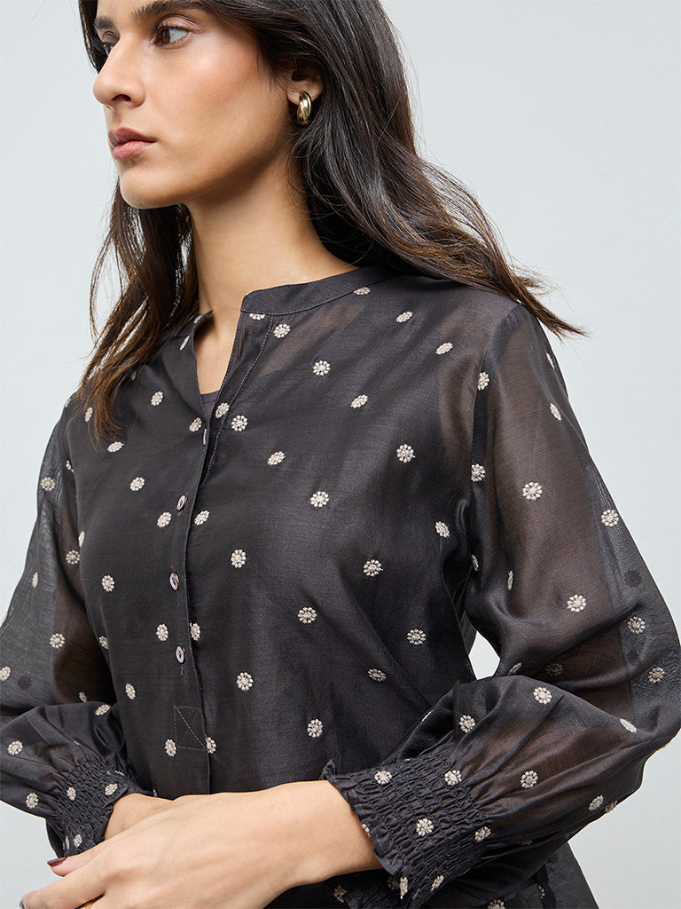 Zuba Charcoal Floral Embroidered Cotton-Blend Tunic with Inner