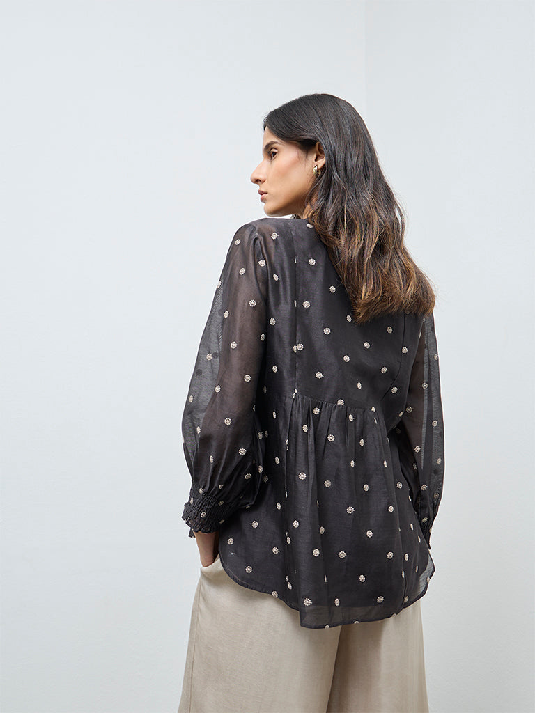 Zuba Charcoal Floral Embroidered Cotton-Blend Tunic with Inner