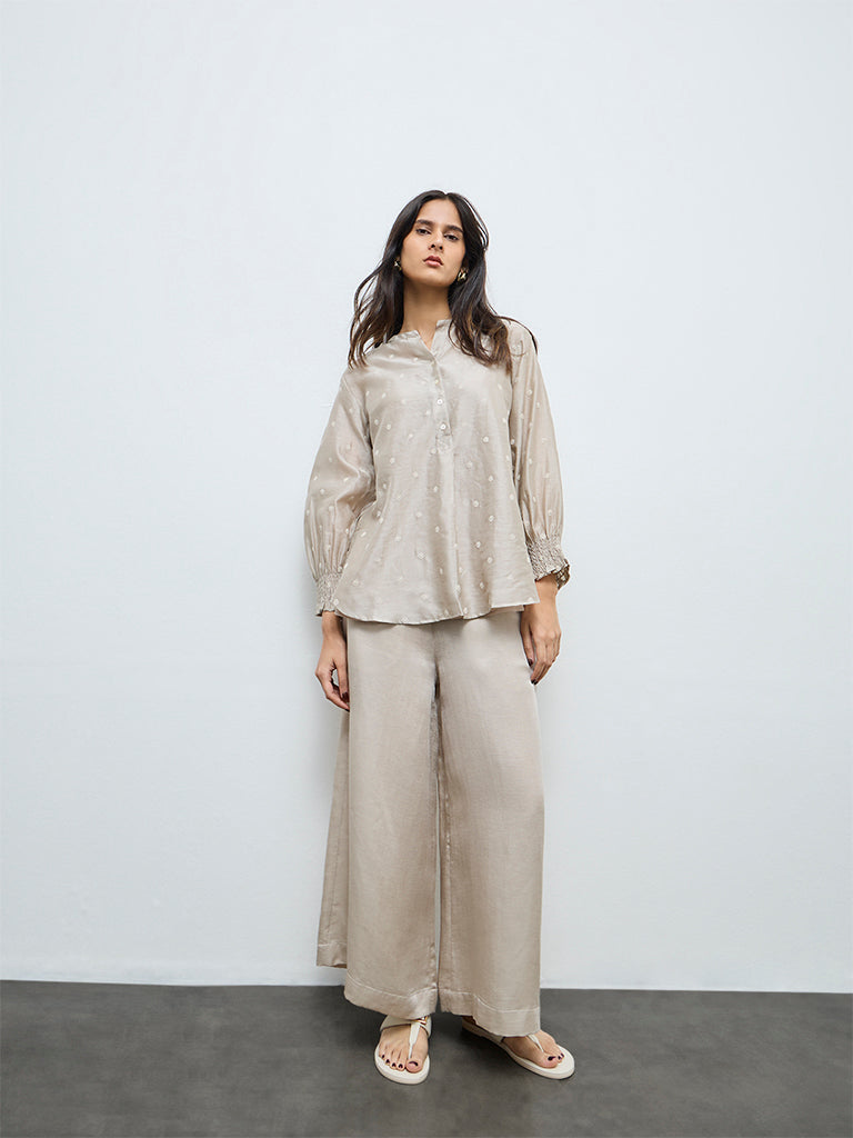 Zuba Beige Floral Embroidered Cotton-Blend Tunic with Inner
