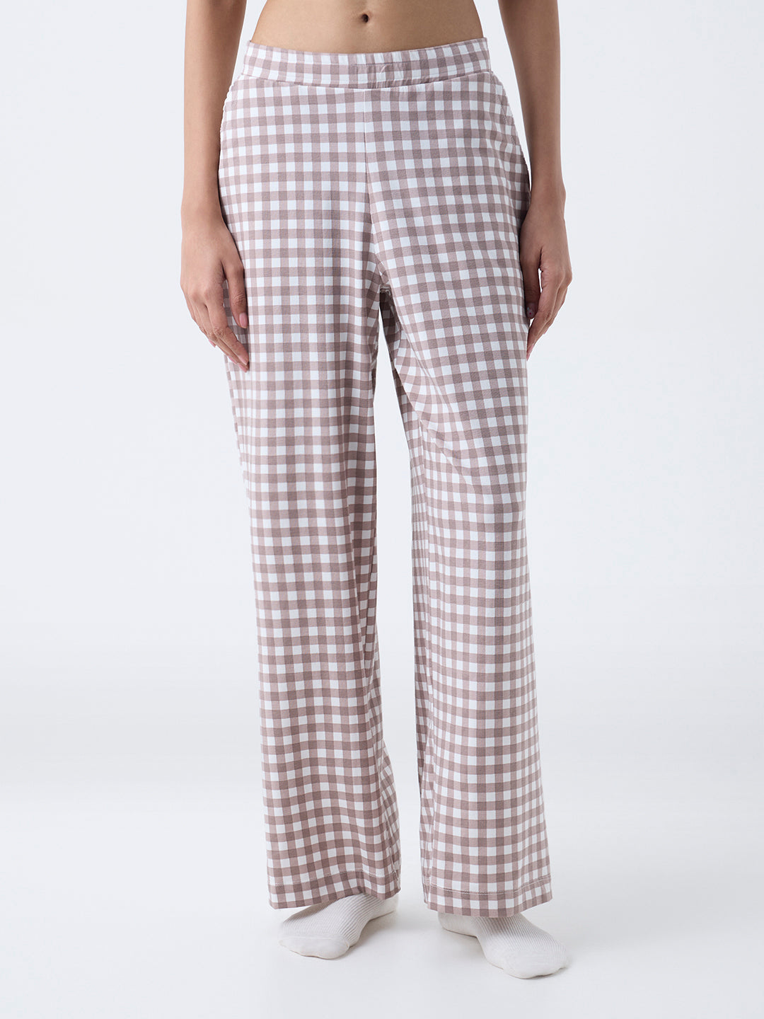 Superstar Brown Checks Detailed High-Rise Cotton-Blend Pants