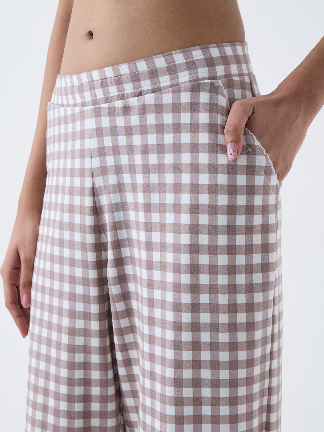 Superstar Brown Checks Detailed High-Rise Cotton-Blend Pants