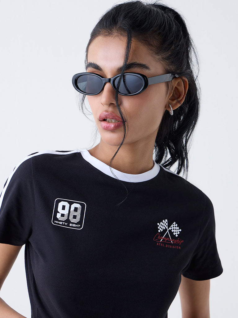 Nuon Black Printed Cotton T-Shirt