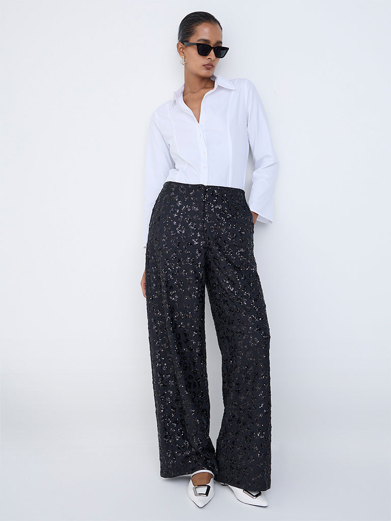 Wardrobe Black Sequin-Embellished High-Rise Trousers