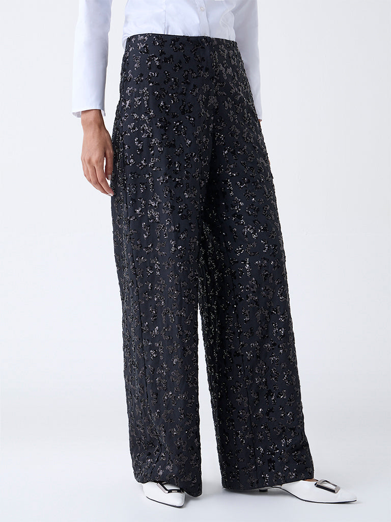 Wardrobe Black Sequin-Embellished High-Rise Trousers