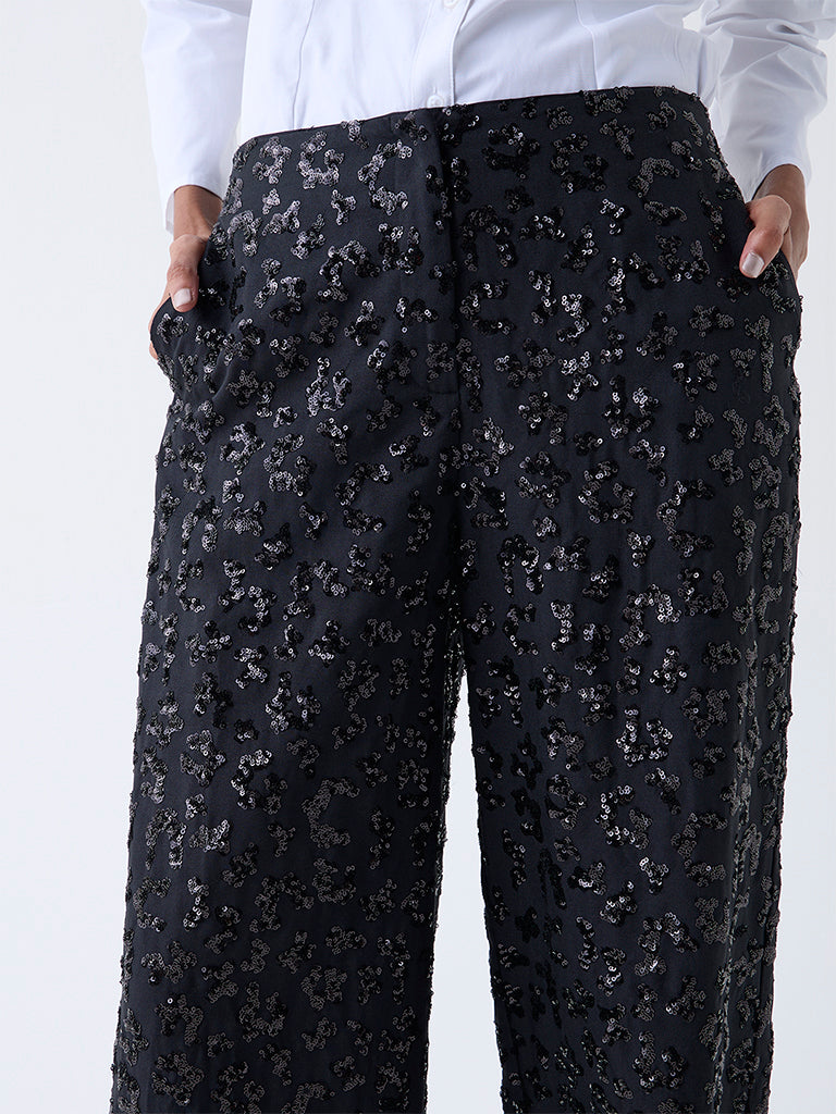 Wardrobe Black Sequin-Embellished High-Rise Trousers