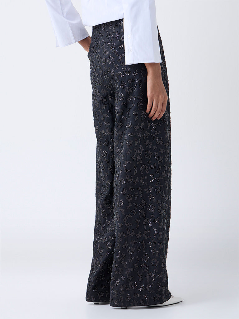 Wardrobe Black Sequin-Embellished High-Rise Trousers