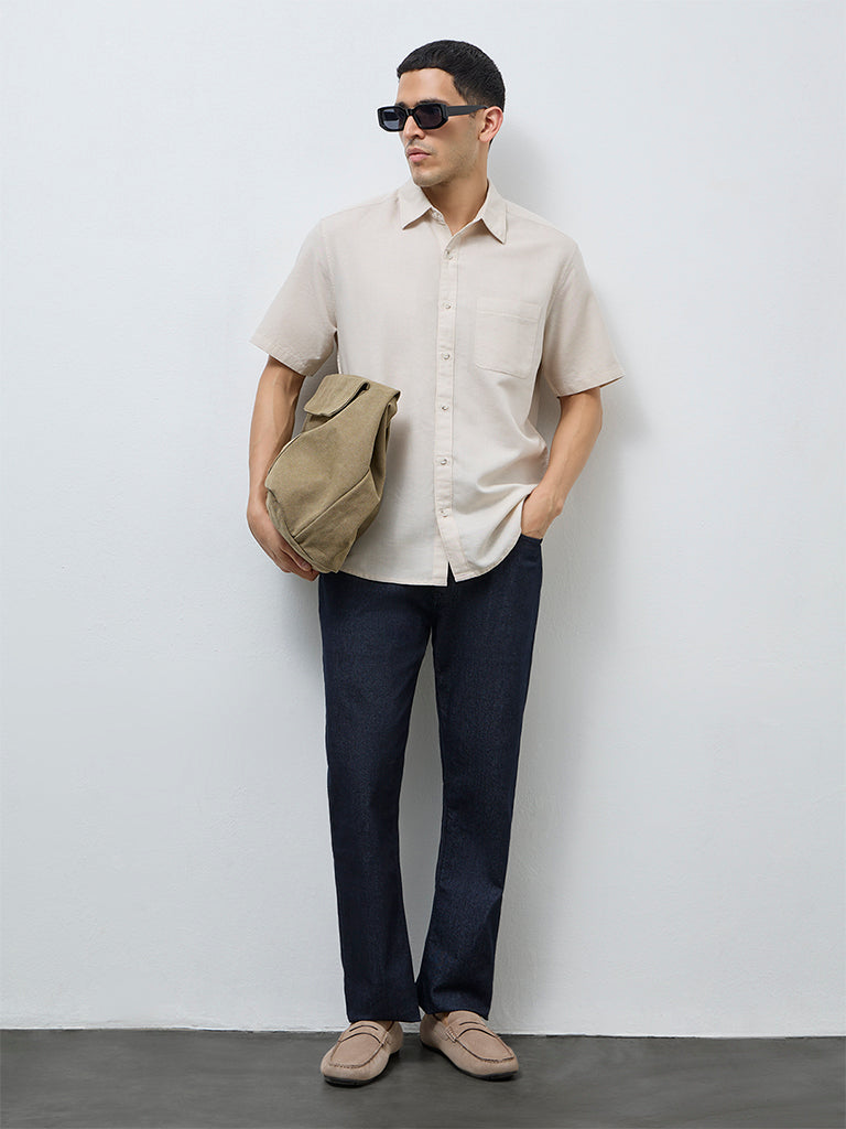 WES Casuals Beige Solid Relaxed-Fit Cotton-Blend Shirt