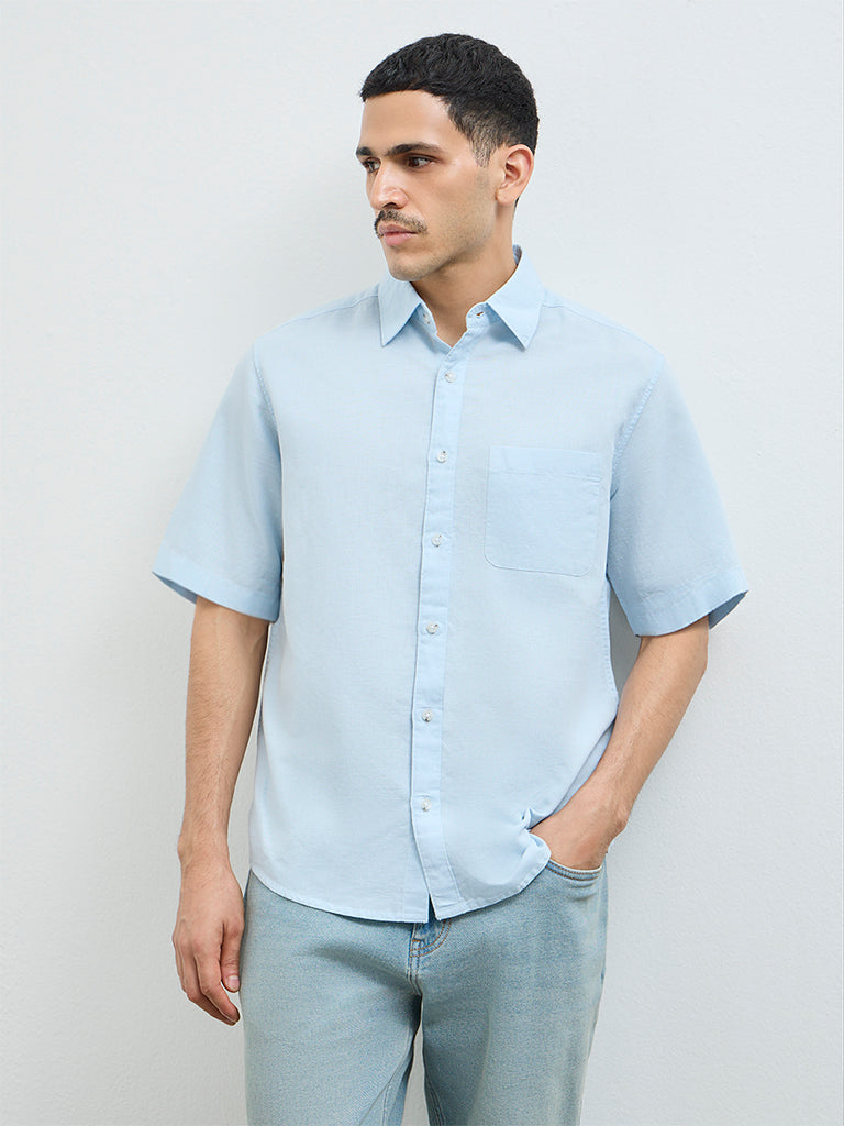 WES Casuals Light Blue Solid Relaxed-Fit Linen-Blend Shirt