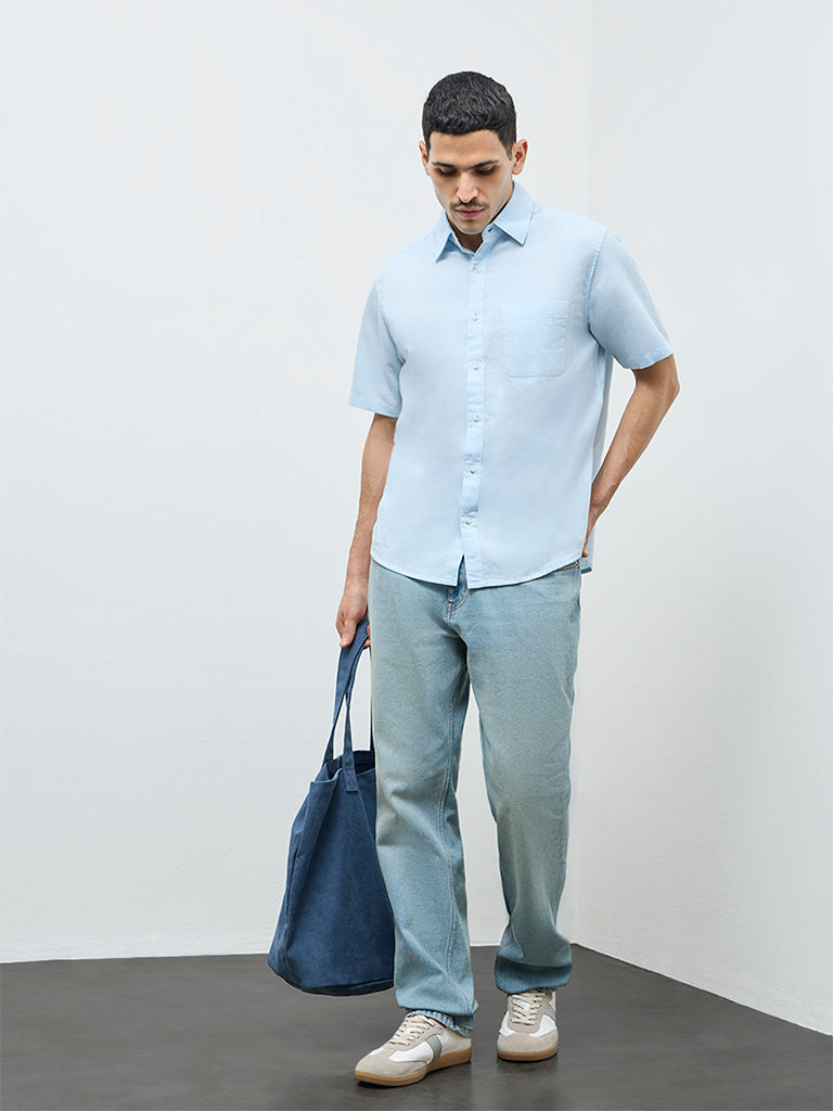 WES Casuals Light Blue Solid Relaxed-Fit Linen-Blend Shirt