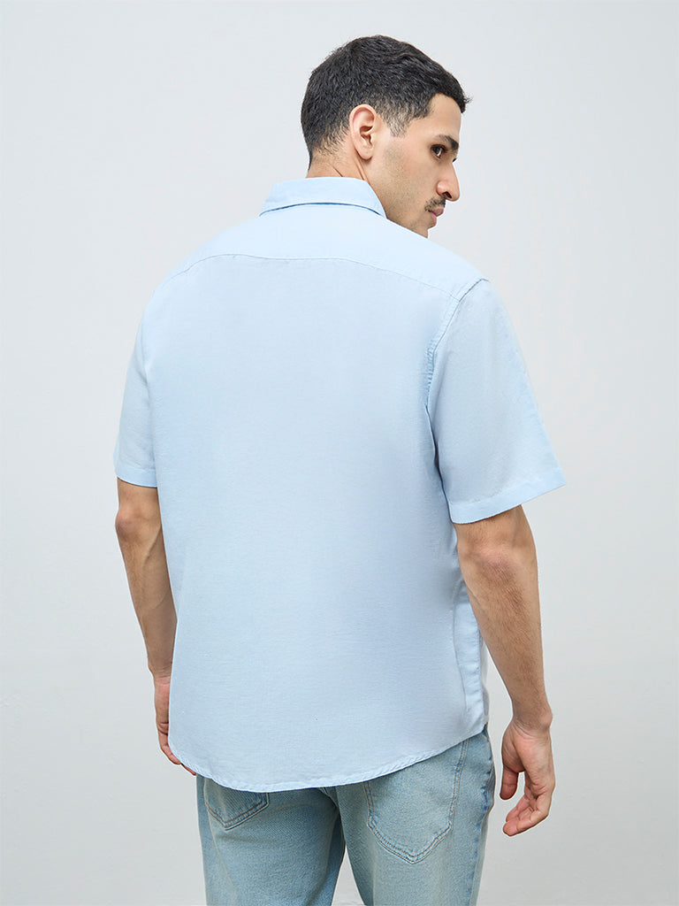 WES Casuals Light Blue Solid Relaxed-Fit Linen-Blend Shirt