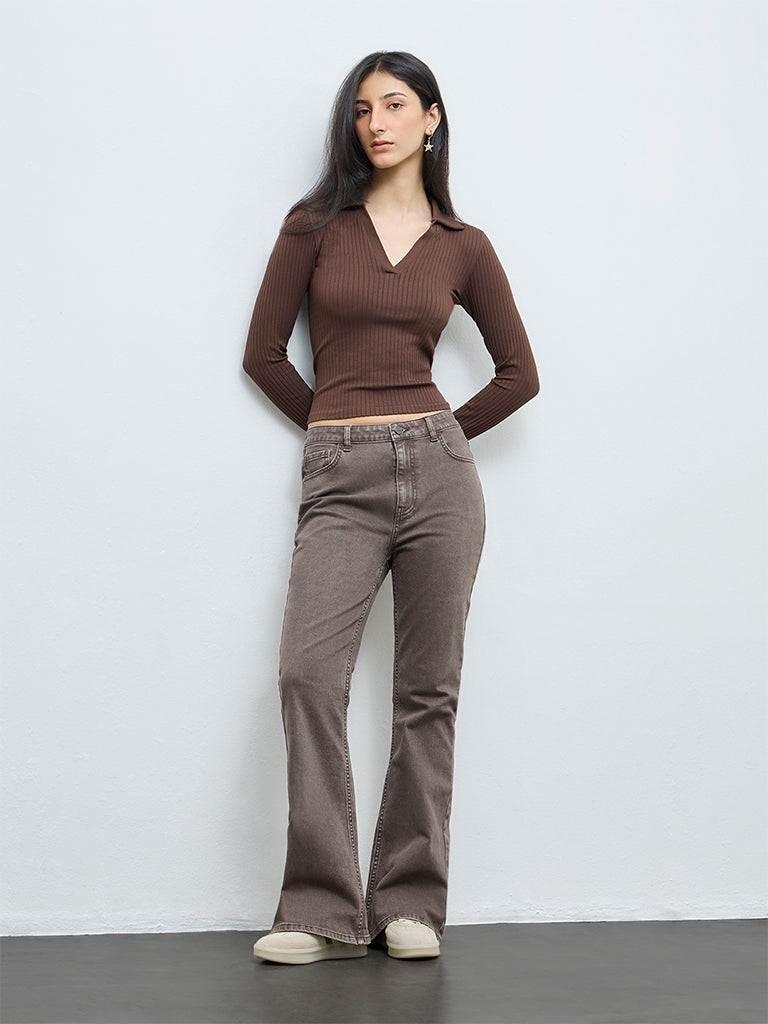 Nuon Dark Brown Ribbed-Textured T-Shirt