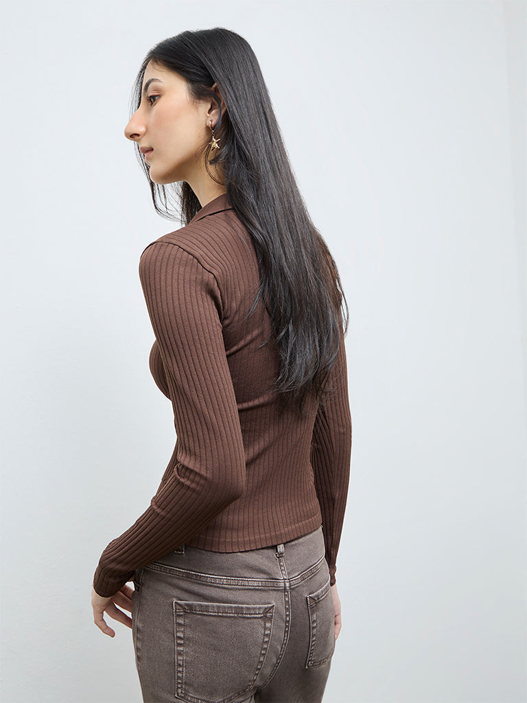 Nuon Dark Brown Ribbed-Textured T-Shirt