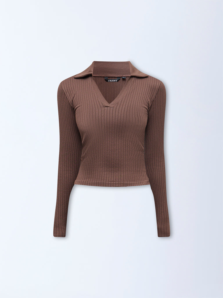 Nuon Dark Brown Ribbed-Textured T-Shirt