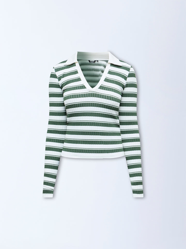 Nuon Dark Green Striped Textured T-Shirt