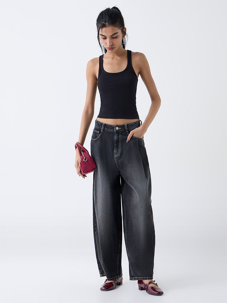 Nuon Black Ribbed-Textured Cotton-Blend Tank Top