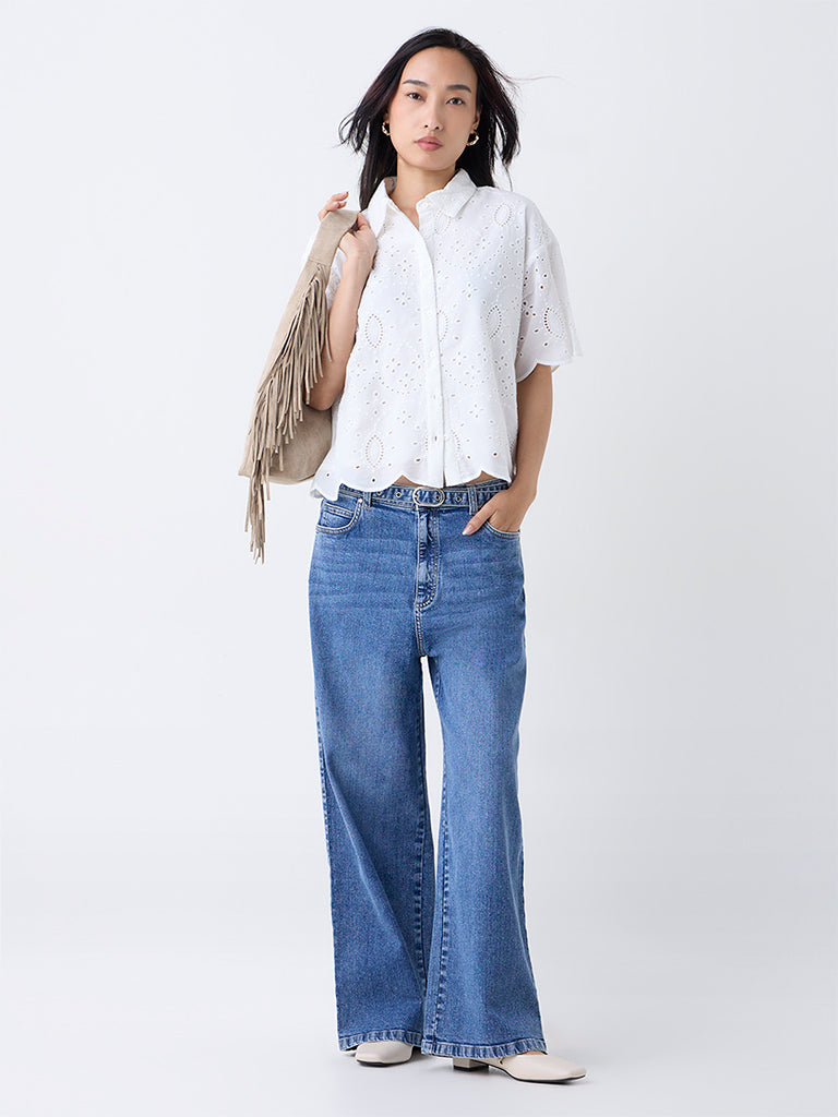 LOV White Schiffli Embroidered Cotton Shirt