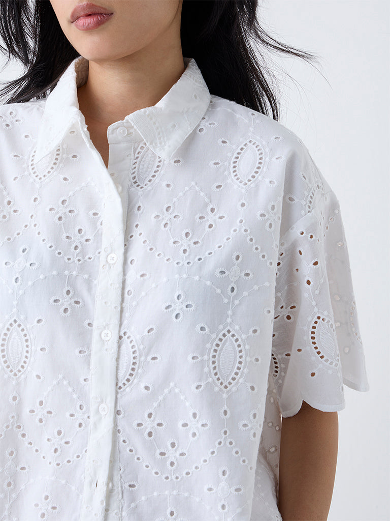LOV White Schiffli Embroidered Cotton Shirt