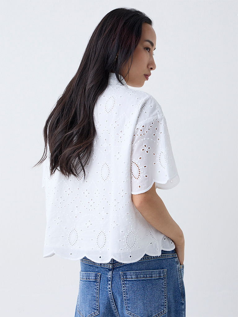 LOV White Schiffli Embroidered Cotton Shirt