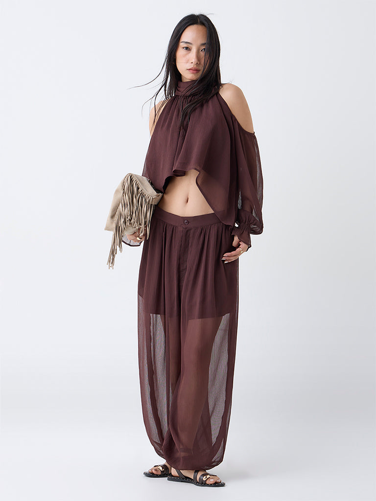 LOV Dark Brown Cold-Shoulder Top