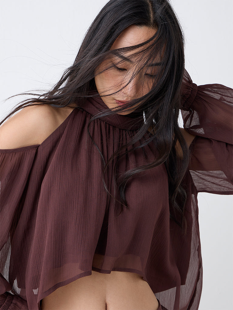 LOV Dark Brown Cold-Shoulder Top