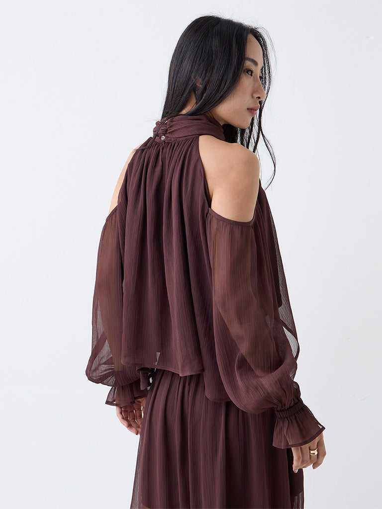 LOV Dark Brown Cold-Shoulder Top