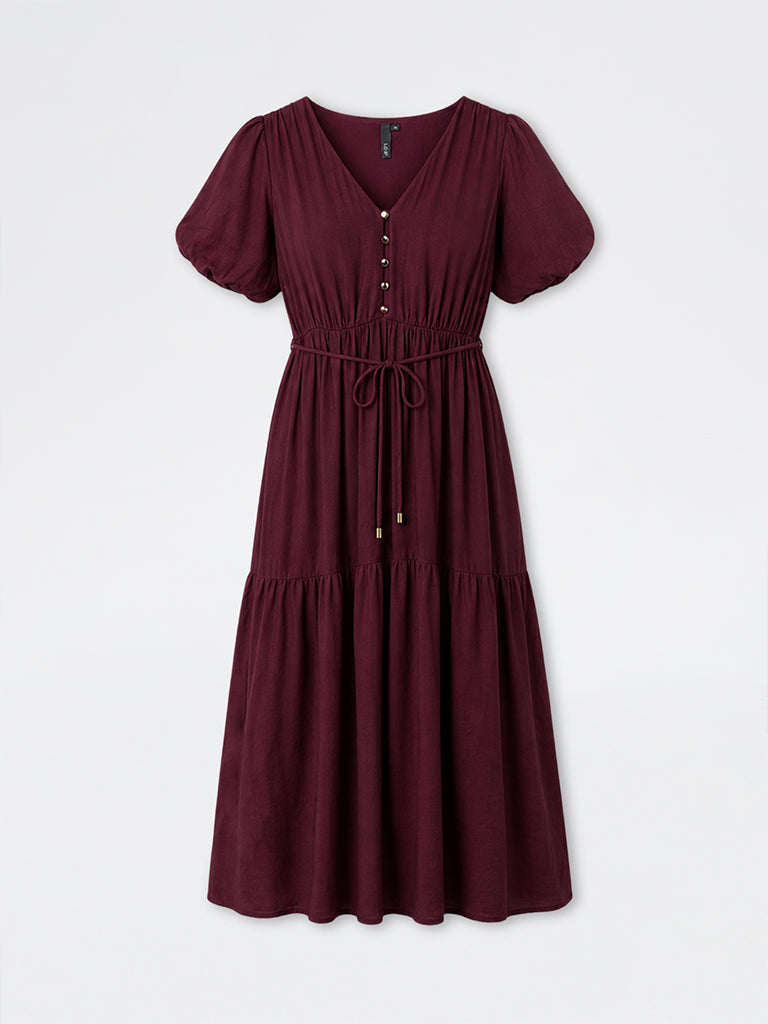 LOV Wine Solid A-Line Dress with Belt