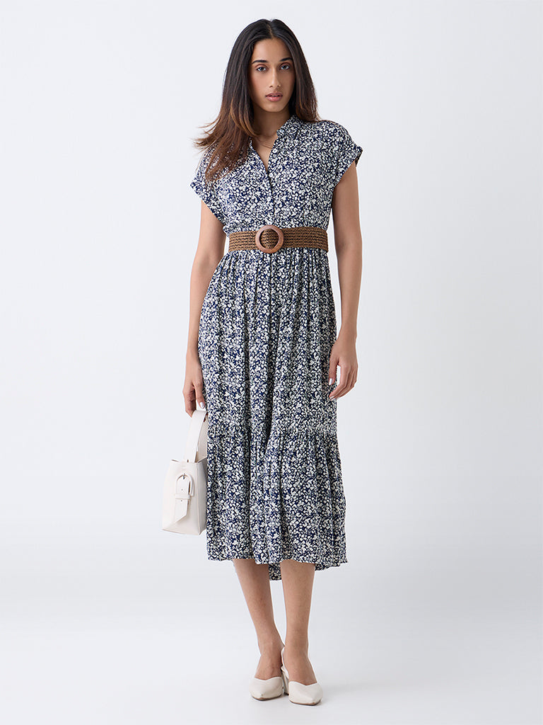 LOV Navy Floral Printed A-Line Dress with Belt