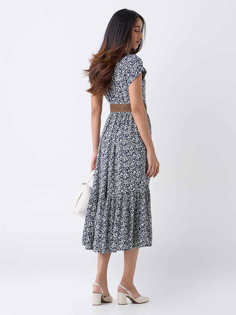 LOV Navy Floral Printed A-Line Dress with Belt