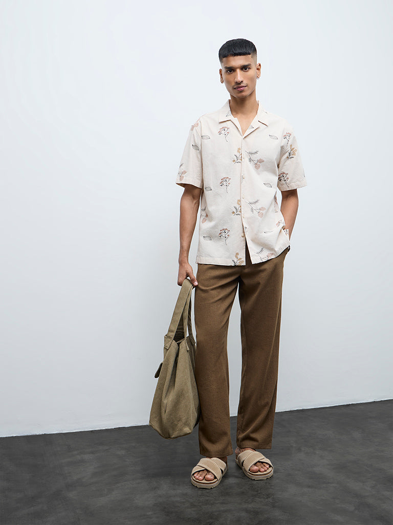 ETA Light Beige Floral Detailed Relaxed-Fit Cotton-Blend Shirt