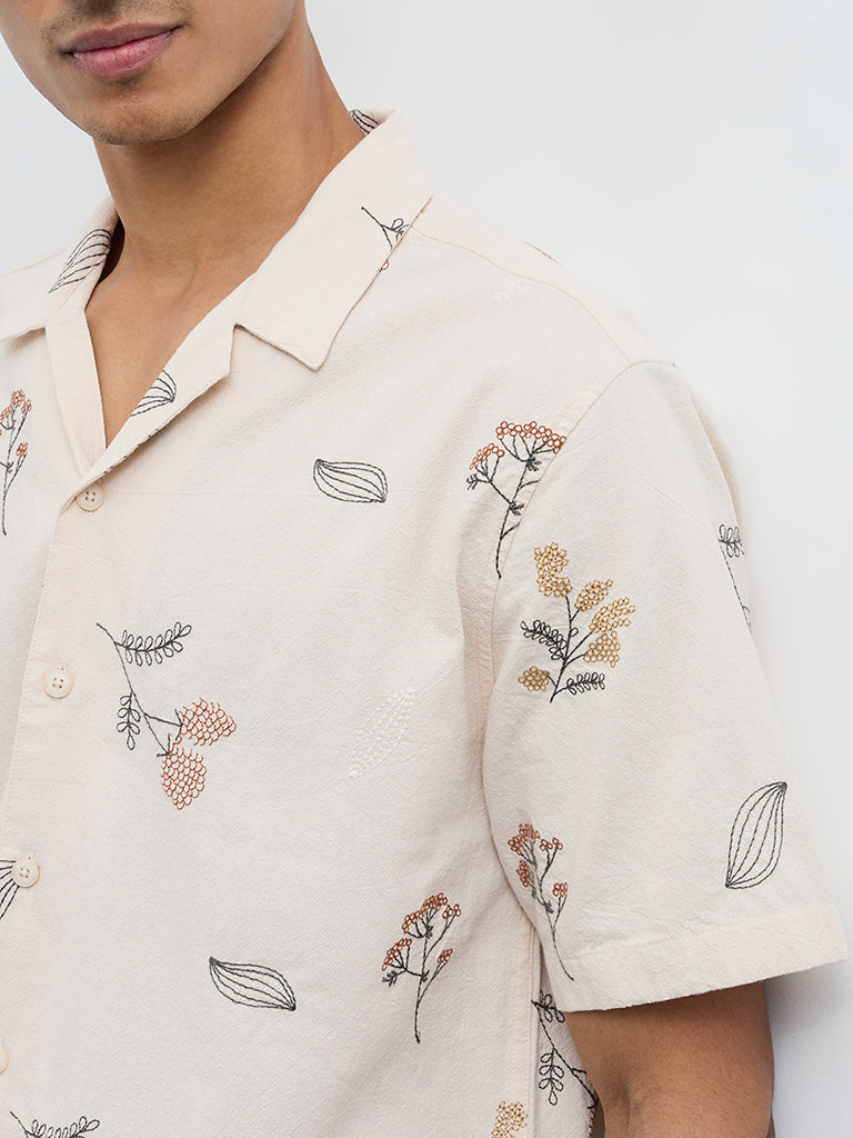 ETA Light Beige Floral Detailed Relaxed-Fit Cotton-Blend Shirt