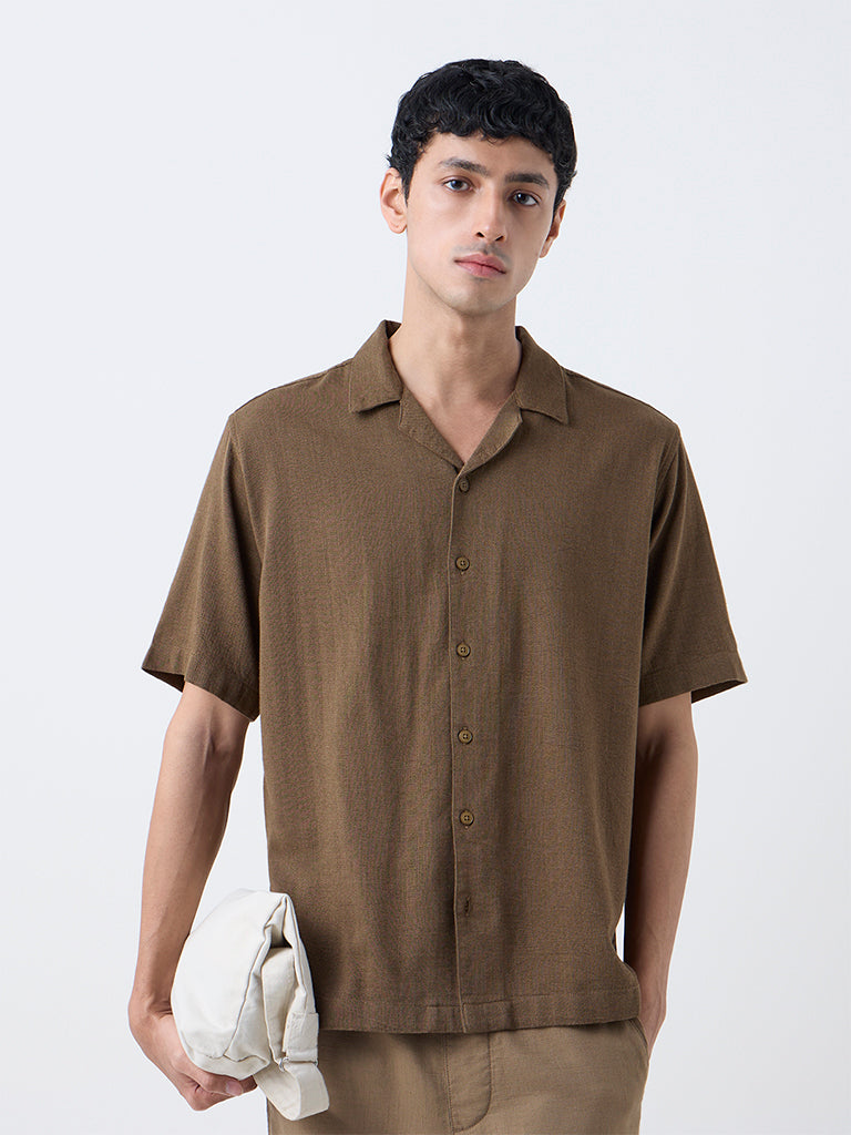 ETA Brown Textured Relaxed-Fit Cotton-Blend Shirt