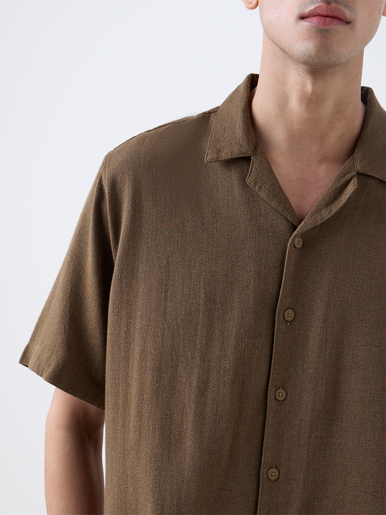 ETA Brown Textured Relaxed-Fit Cotton-Blend Shirt